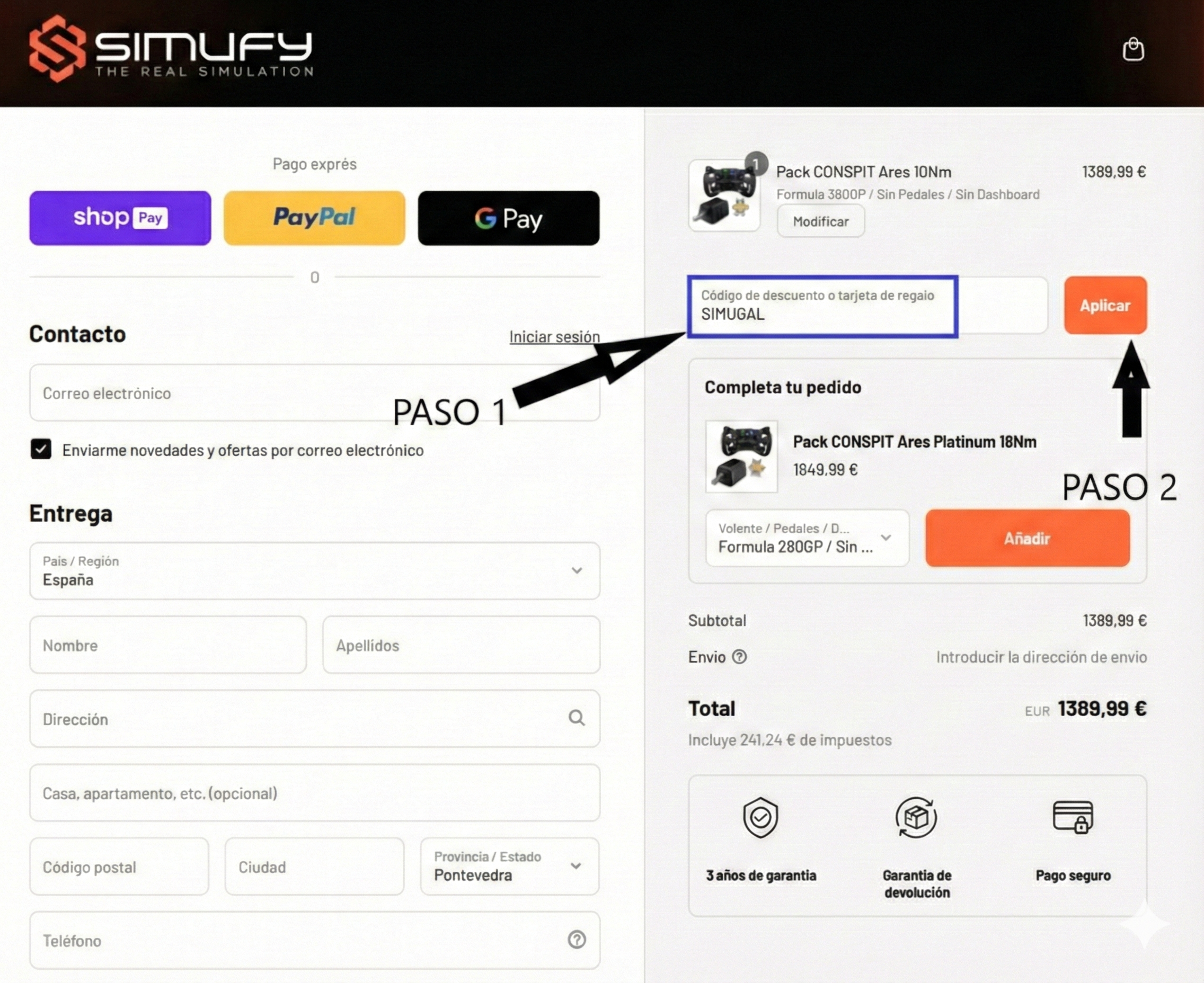 Localizar la casilla de descuento de Simufy