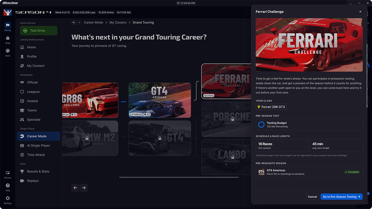 Interfaz del modo Carrera para un jugador de iRacing