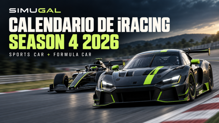 Calendario de iRacing Season 4 2026 de SimuGal, con un coche GT y un monoplaza en circuito.