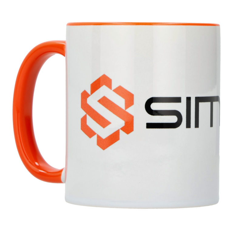 Taza Oficial Simufy Cerámica 330 ml – Blanco/Naranja