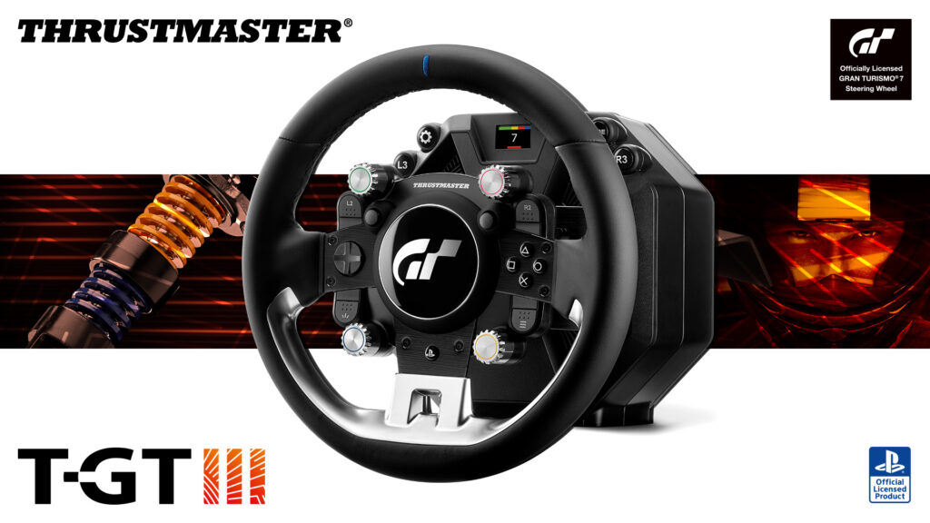 Imagen oficial del Thrustmaster T-GT III con aro T-GT y base Direct Axial Drive, presentada el 3 de octubre de 2026.