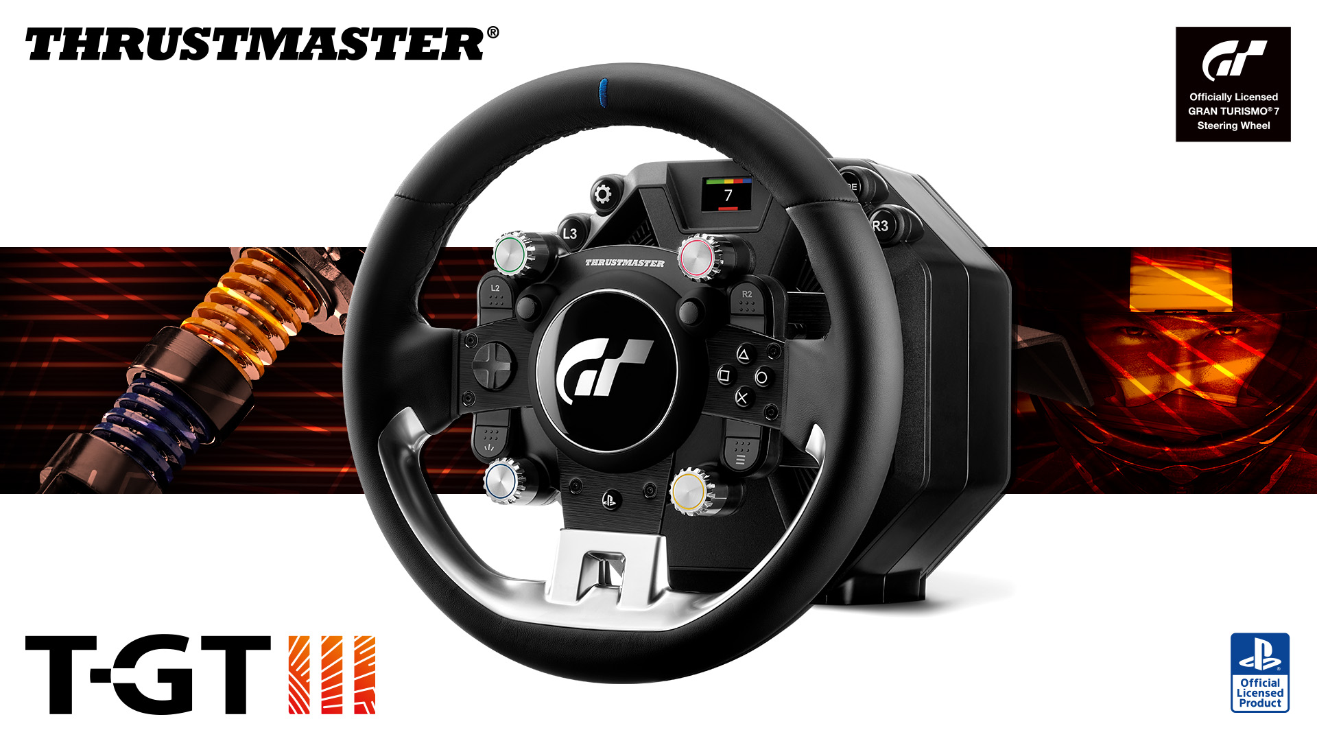Imagen oficial del Thrustmaster T-GT III con aro T-GT y base Direct Axial Drive, presentada el 3 de octubre de 2026.