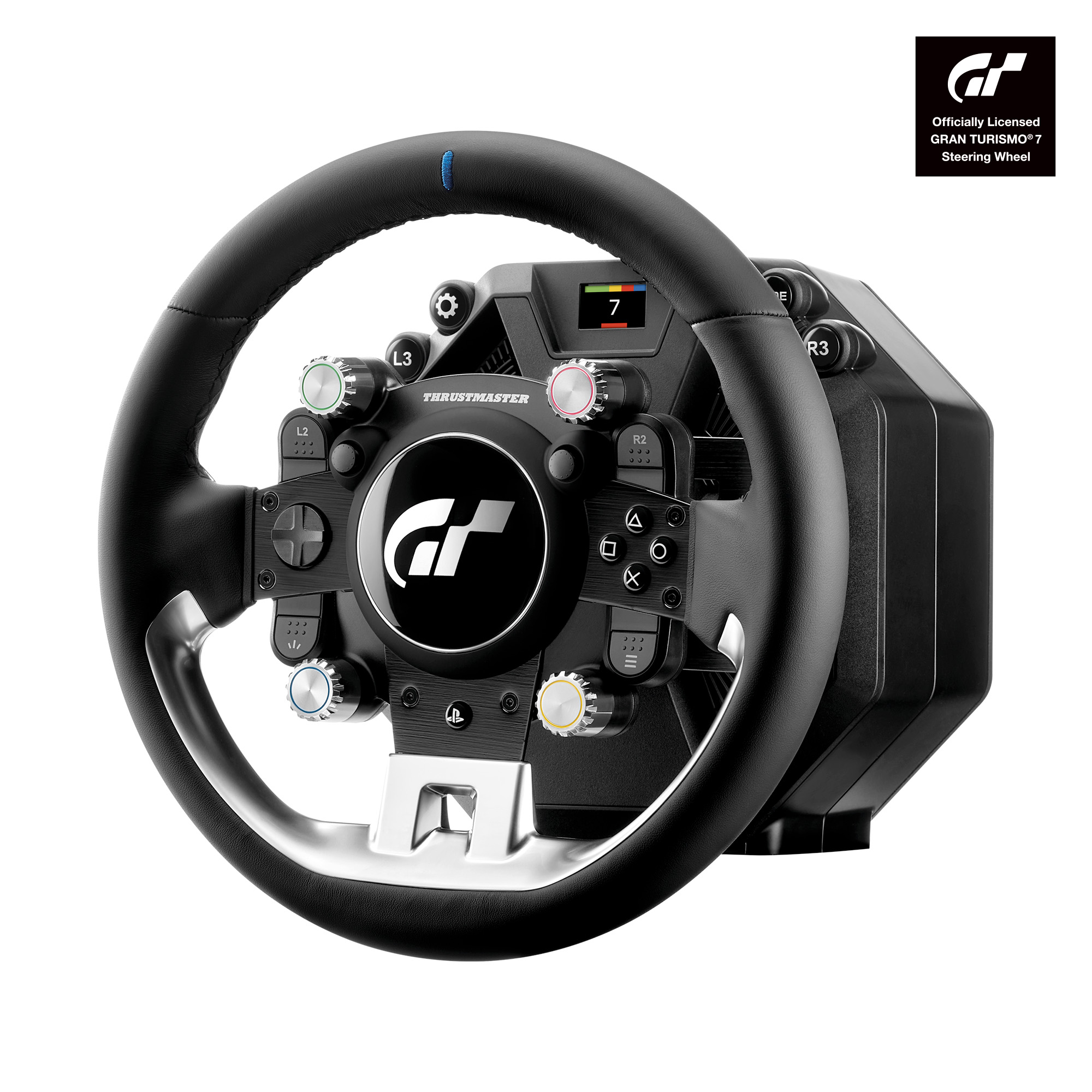 Vista de tres cuartos del volante y la base Thrustmaster T-GT III, fotografía oficial de producto de octubre de 2026.